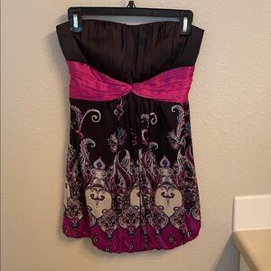 bebe Strapless Black & Fuchsia Printed Cocktail Dress
